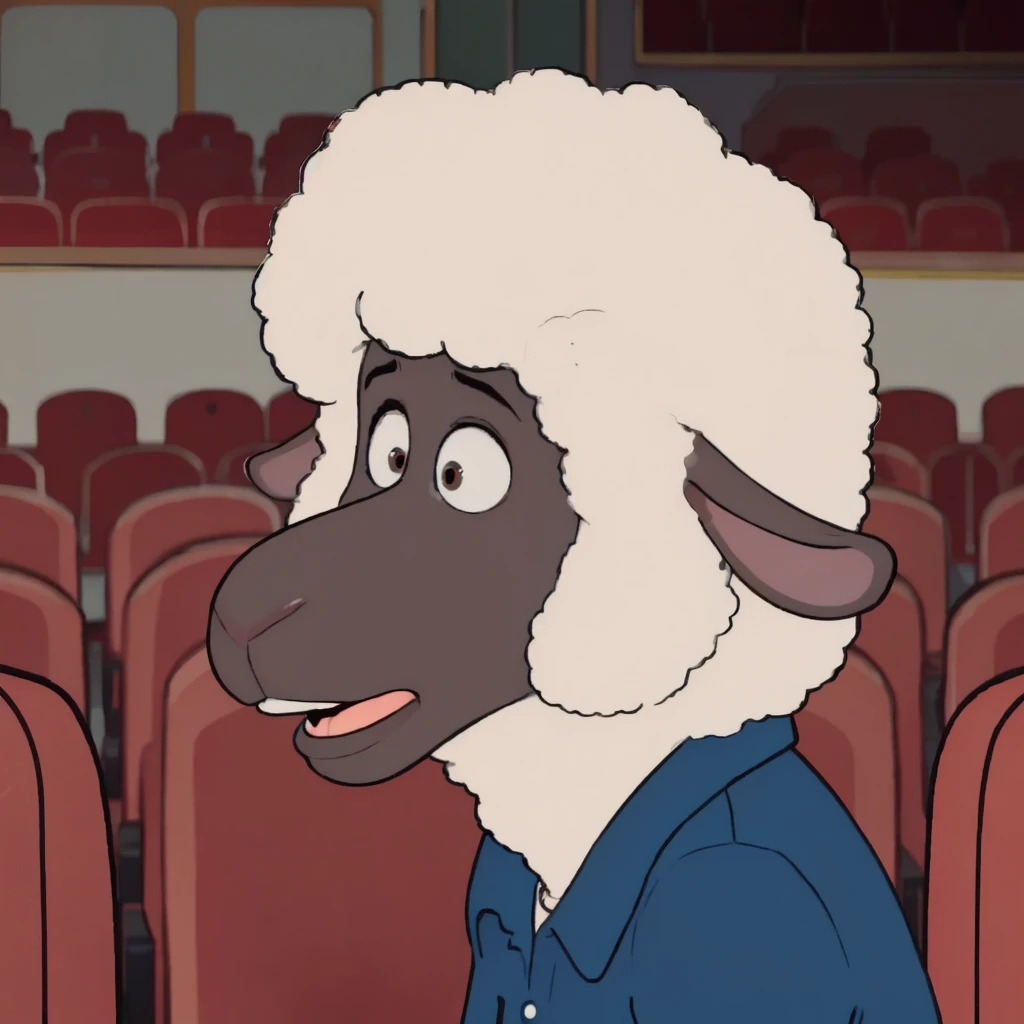 <lora:Eddie:0.7>, Eddie, sheep,  <lora:add_detail - detail tweaker:-1>, line art, flat colors, simple artstyle, side view, looking at viewer, wide eyed, mouth slightly open, concern, inside, theatre, blurry background, portrait