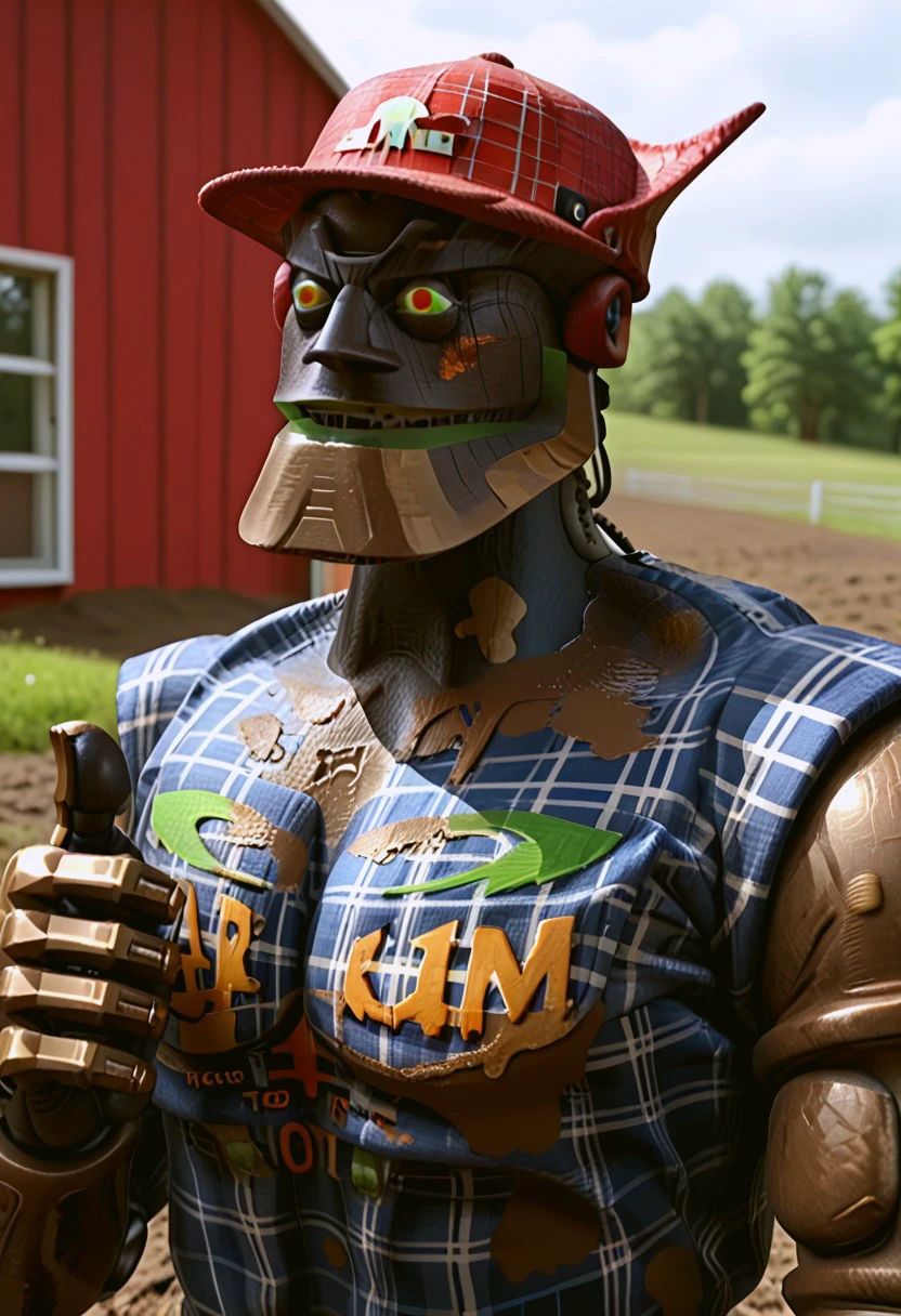 m3g4byt3, humanoid robot, 1boy, solo, upper body, redneck, flannel shirt, mud, trucker hat, holding beer can, dirty shirt, thumbs up, farm background