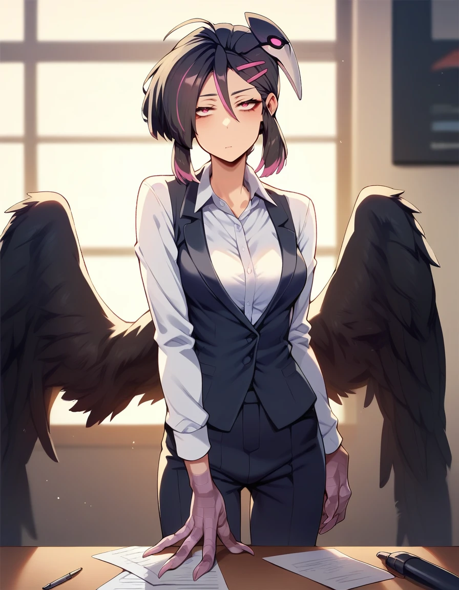 score_9,score_8_up,score_7_up,score_6_up,score_5_up,score_4_up, 1girl, hair ornament, multicolored hair, detailed eyes,
ava_orcmassage, low black wings, talons, clows, business suit,
on work, office,    bags under eyes, looking at viewer,
<lora:ava_orcmassage_Ver2.5:1.0>