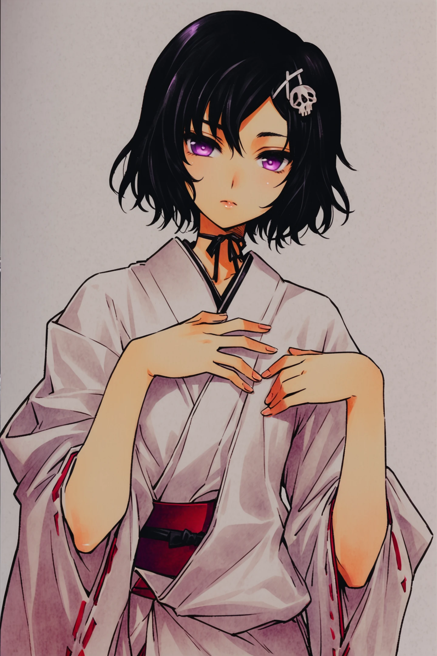 Urushibara Ruka, solo, 1boy, otoko no ko, male focus, hair ornament, japanese clothes, black hair, hairclip, miko, hand on own chest, short hair, purple eyes, skull hair ornament, androgynous,traditional media,
<lora:huke_XL:0.8>,