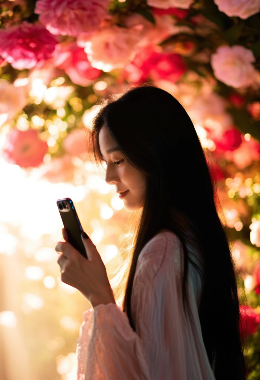 photorealistic, a woman with long black hair is standing in front of a flower wall and looking down at her cell phone while holding it up to the light behind her, film photography aesthetic, film grain, analog photography, 