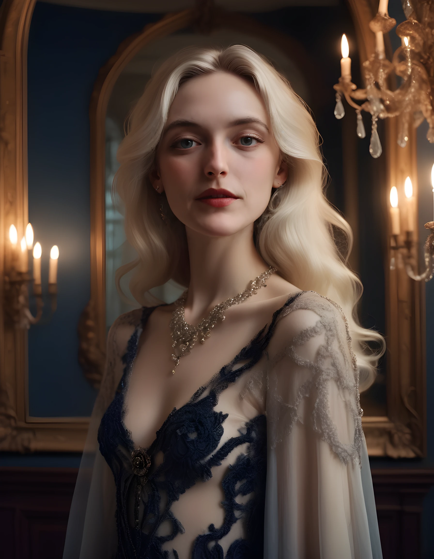 In a dimly lit, ivory-hued room reminiscent of a gothic cathedral, a striking blonde woman stands before an ornate, antique mirror, her gaze locked with the viewer's. She wears an intricate i50b3lh gown in shades of midnight blue and deep crimson, its long sleeves adorned with delicate lace and embroidery. A cascade of pearls drapes from her neck, drawing attention to her elegantly painted lips that part slightly as she continues to hold the viewer's gaze, her platinum blonde hair falling in loose waves around her shoulders. The room is bathed in a soft, eerie glow, casting an otherworldly ambiance on both the woman and her opulent surroundings.