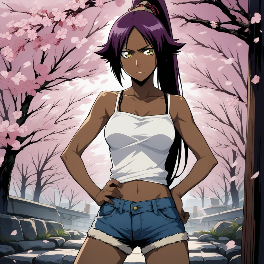 score_9, score_8_up, 1girl,
<lora:Yoruichi:1.3>
dark skin,
cowboy shot,
dark-skinned female,
long hair, purple hair, hair ornament, high ponytail,
off-shoulder shirt,
spaghetti straps,
>:(
midriff, navel,
denim shorts,
collarbone,
looking at viewer,
,
faithful to source material,
hand on own ,
cherry blossoms,