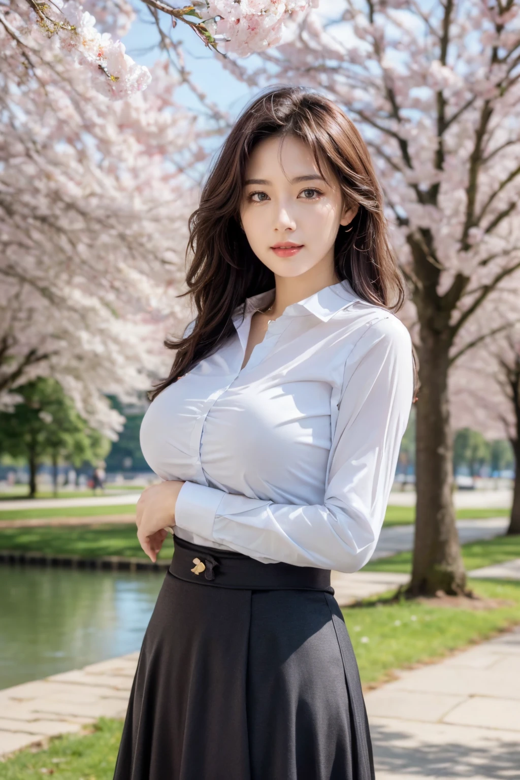 Realistic,best quality,masterpiece,8K,HDR,RAW,A pretty girl,seductive expression,charming,sex,1girl,((solo)),(standing),huge breasts,(lakeside,in spring,park),(looking at viewer,),<lora:add_detail:0.6>,<lora:GoodHands-beta2:1>,<lora:ENNE åå¡ç­è£+è¡¬è¡«_v07:1>,skirt,shirt,