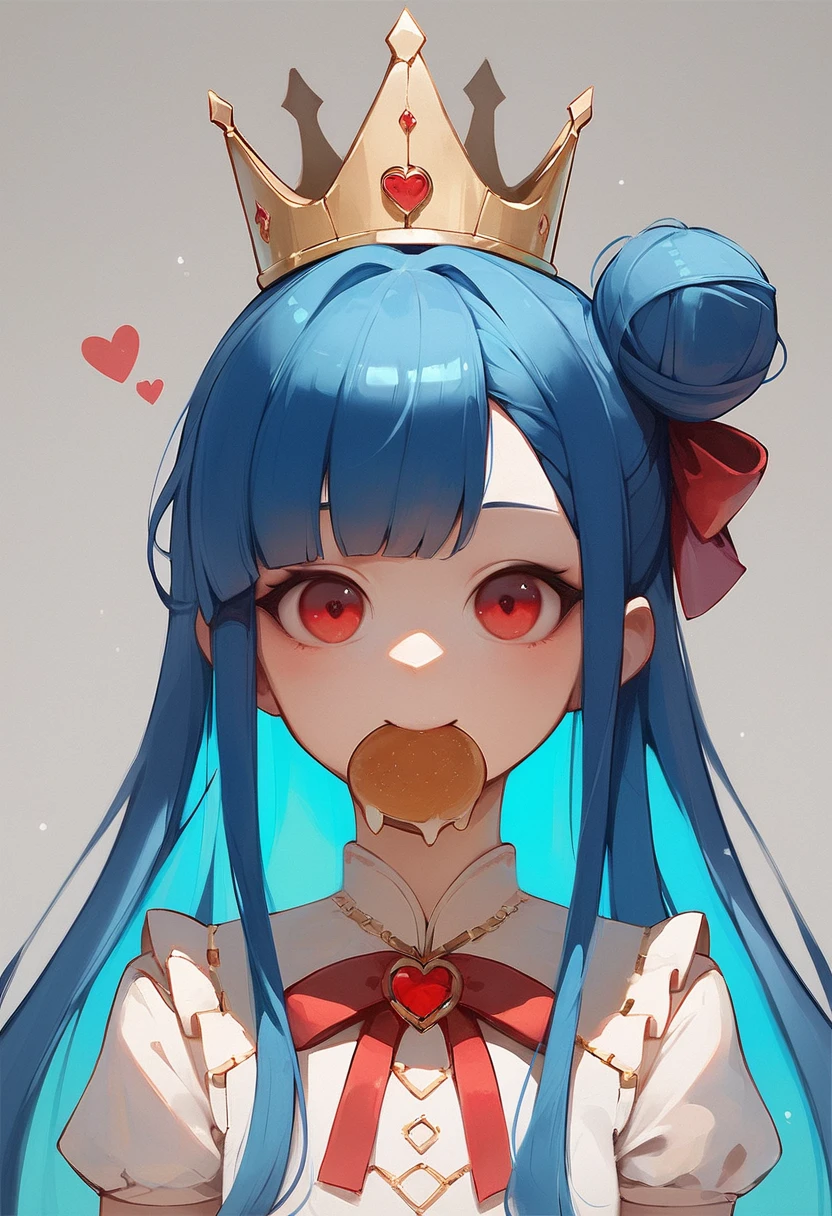 score_9, score_8_up, score_7_up, score_6_up, grtdg,  1girl, solo, crown, red eyes, heart, looking at viewer, long hair, hair bun, bangs, mouth hold, single side bun, short sleeves, upper body, ribbon, bow, blue hair, hair bow, mini crown, smile, food