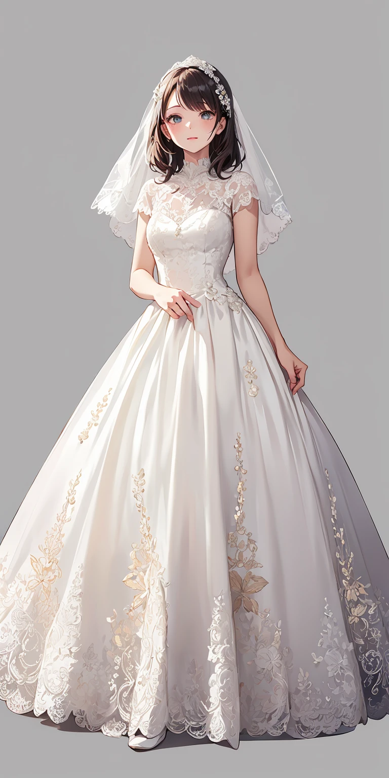 masterpiece,ultra-detailed,best quality,8K,illustration,cute face,clean skin ,shiny hair,girl,simple background , <lora:wedding dress_SD_V1.0:0.5> wedding dress, flower,full body