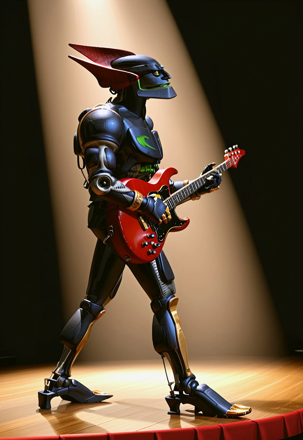 m3g4byt3, humanoid robot, 1boy, solo, upper full body, holding electric guitar, stage, stage lighting, concert venue, from side