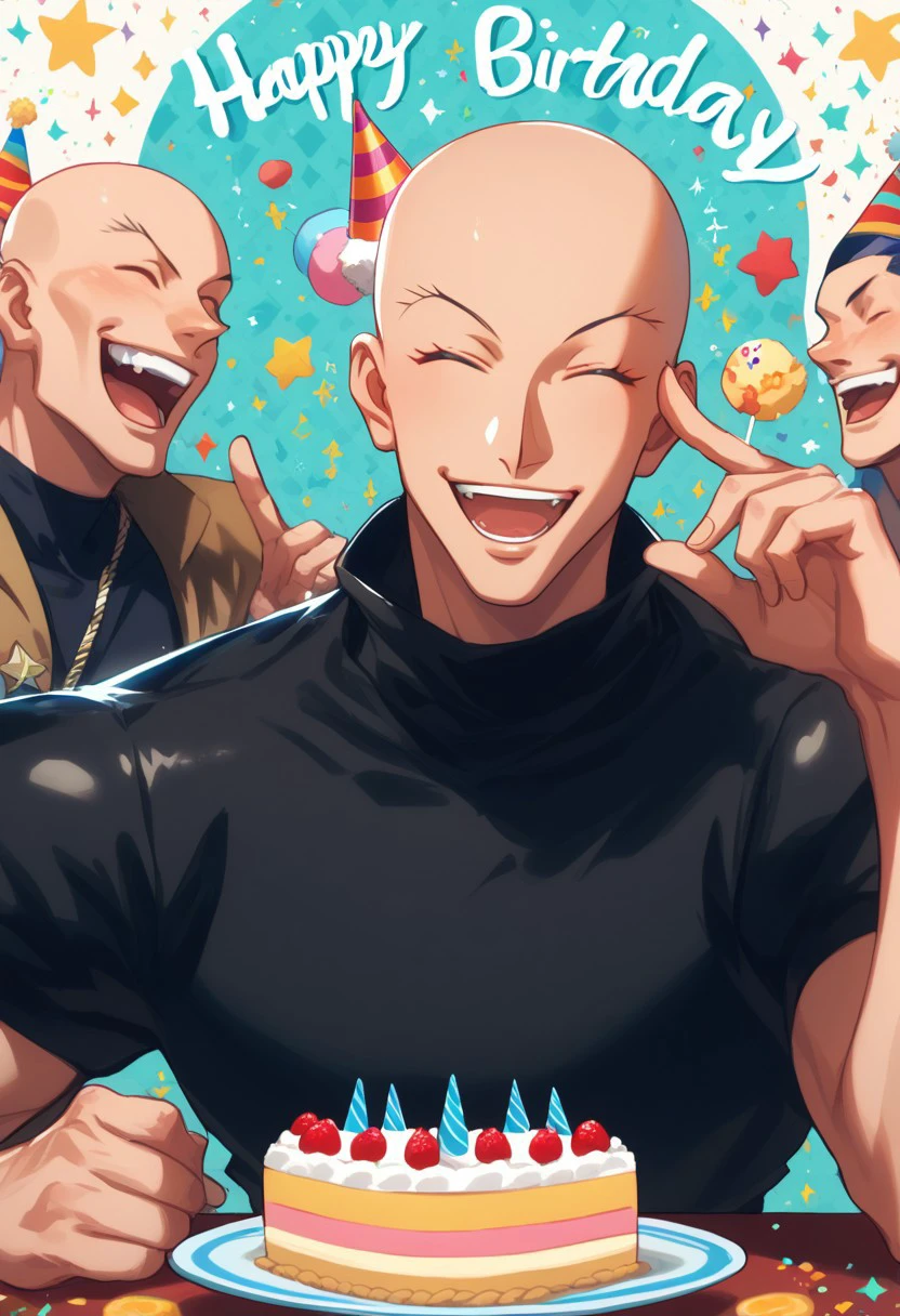 score_9, score_8_up, score_7_up, source_anime, rating_safe, sparkles effects, Hanunter, 1boy, male focus, bald, closed eyes, casual clothes, party hat, open mouth, wide smile, teeth, upper body, hands with five fingers, happy birthday, cake on table, ninja star symbol, simple patterned background, cute wallpaper, happy-cheery,