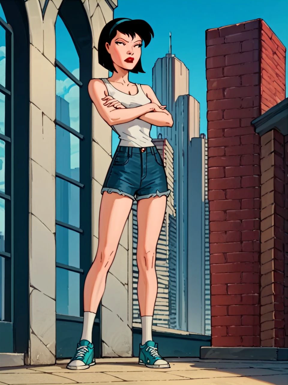 PonyXLV6_Scores, high detail, full body, city scene, brick walls, windy, outdoors, blue sky, busy sidewalk, leaning, against building, store window, arms crossed, 1girl, solo, <lora:thriftBTAS_PDXLver:0.8> thriftBTAS, black hair, short hair bob, black eyes, teal hairband, red lips, teal sneakers, white socks, white tanktop, loose untucked clothing, dark blue jean shorts, <lora:Jim_Lee_Style_LoRA_Pony:1> in j_lee artstyle,