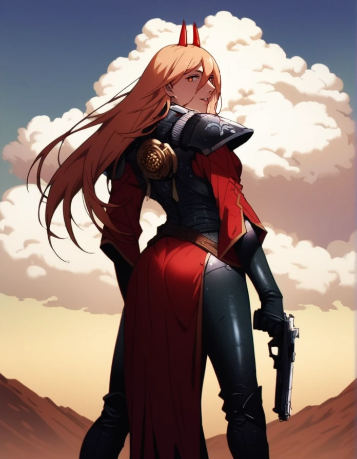 score_9, score_8_up, score_7_up,     realistic lighting, detailed background, background: sky, clouds,  
1 girl, detailed eyes, fit and slim, parted lips, dynamic pose,
 <lora:Sisters_of_Battle_Armor__Warhammer_40000_-000010:1.1>, battlesisterarmor,  pelvic curtain, handgun,
 <lora:P0w3eeerXL_Pony_v1:1>,p0w3r0x1, long hair, blonde hair, red horns,demon pupils, from behind, looking back,