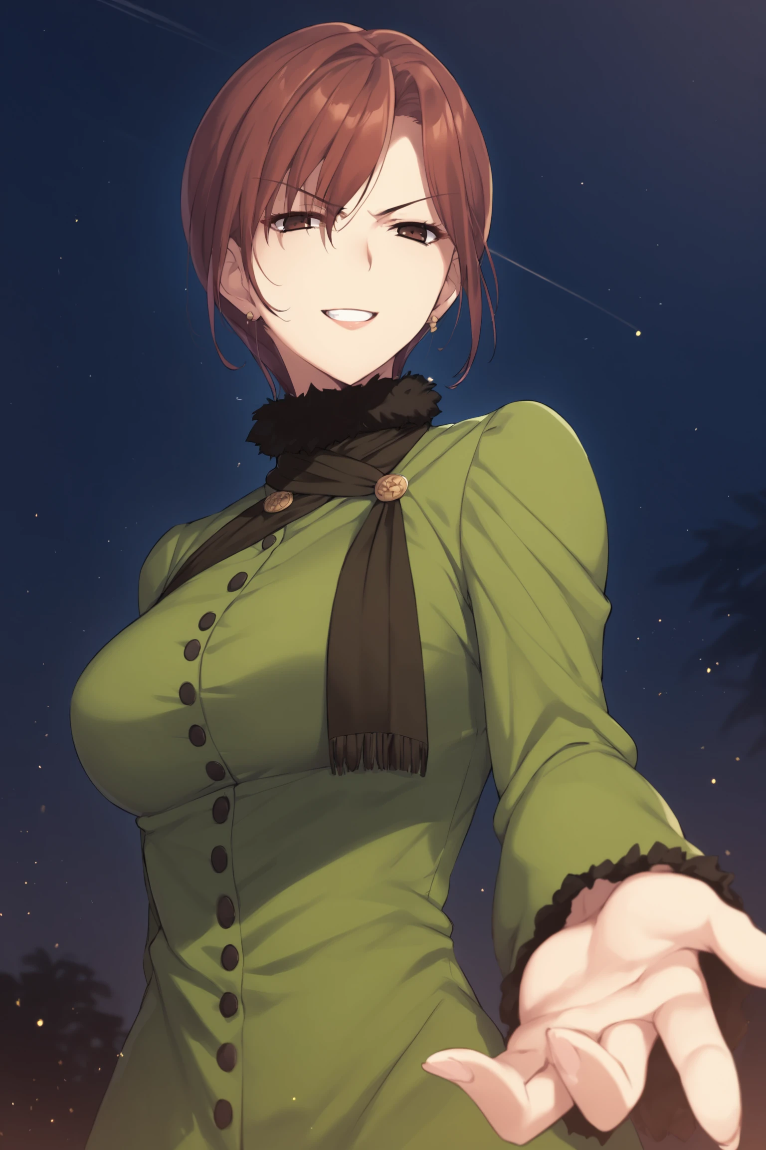 score_9, score_8_up, score_7_up, score_6_up, score_5_up, source_anime, rating_safe, medium breasts, outdoors, dark background, light particles, 1girl, solo, <lora:age_slider_v4:3>, aozaki touko, brown hair, short hair, brown eyes, dress, long sleeves, green dress, scarf, front slit, fishnets, fishnet pantyhose, highheels,  <lora:Touko_Aozaki:0.8>, (upper body:1.1), (glaring:1.5), (smile:1.2), (half closed eyes:1.7), open mouth, outstretched hand, palm, palm