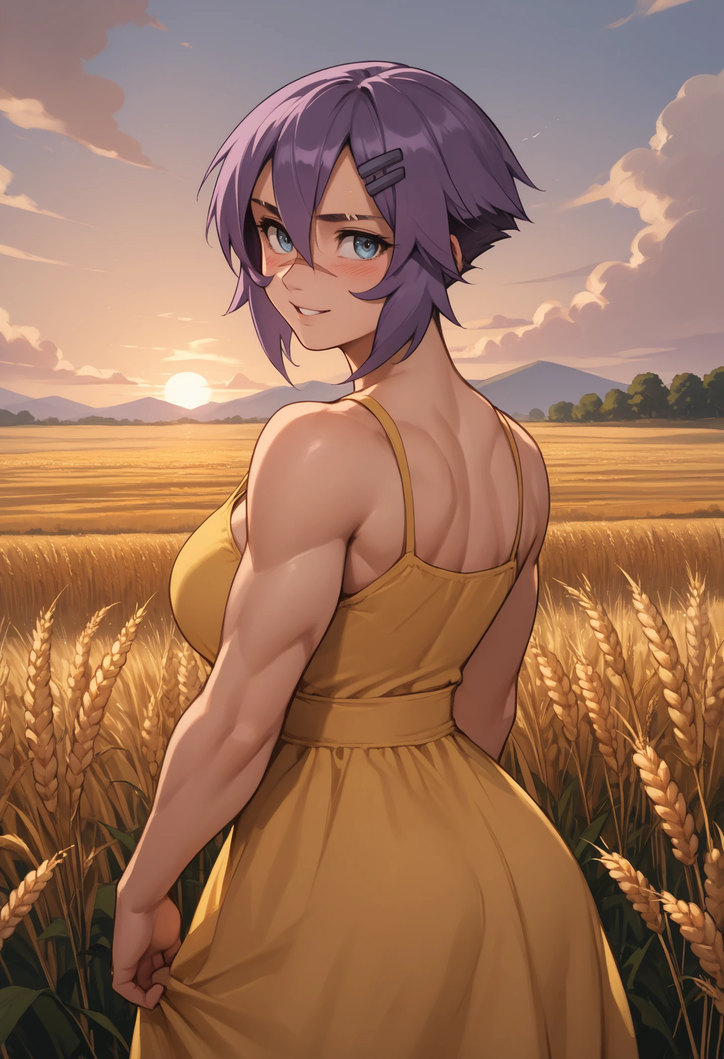 score_9, score_8_up, score_7_up, 1girl, mayaold, blue eyes, purple hair, short hair, hairclip, nose scar, eyebrow cut, large breasts, toned, 
yellow sundress,
looking at viewer, smile, blush, parted lips, looking back, back,
outdoors, wheat field, sunset,
<lora:Maya-OldStyle-Roadi3-PDXL_V1-Manityro-CAME:1.0>,