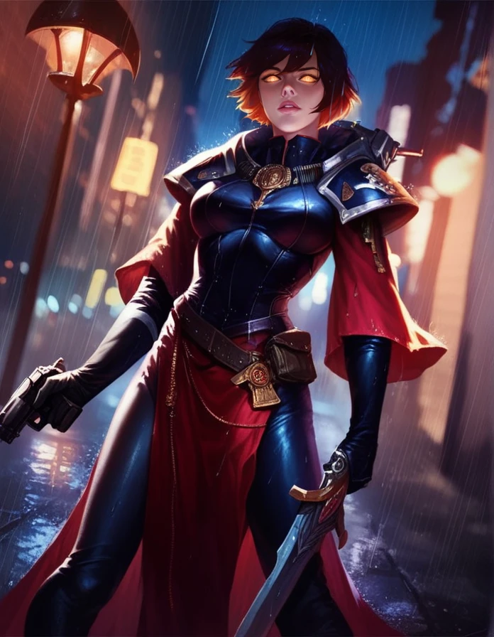 score_9, score_8_up, score_7_up,     realistic lighting, detailed background, night, rain, background: city street,
1 girl, detailed eyes, fit and slim, parted lips, dynamic pose,
 <lora:Sisters_of_Battle_Armor__Warhammer_40000_-000010:1>, battlesisterarmor,  pelvic curtain, sword, handgun,
short hair, glowing eyes,