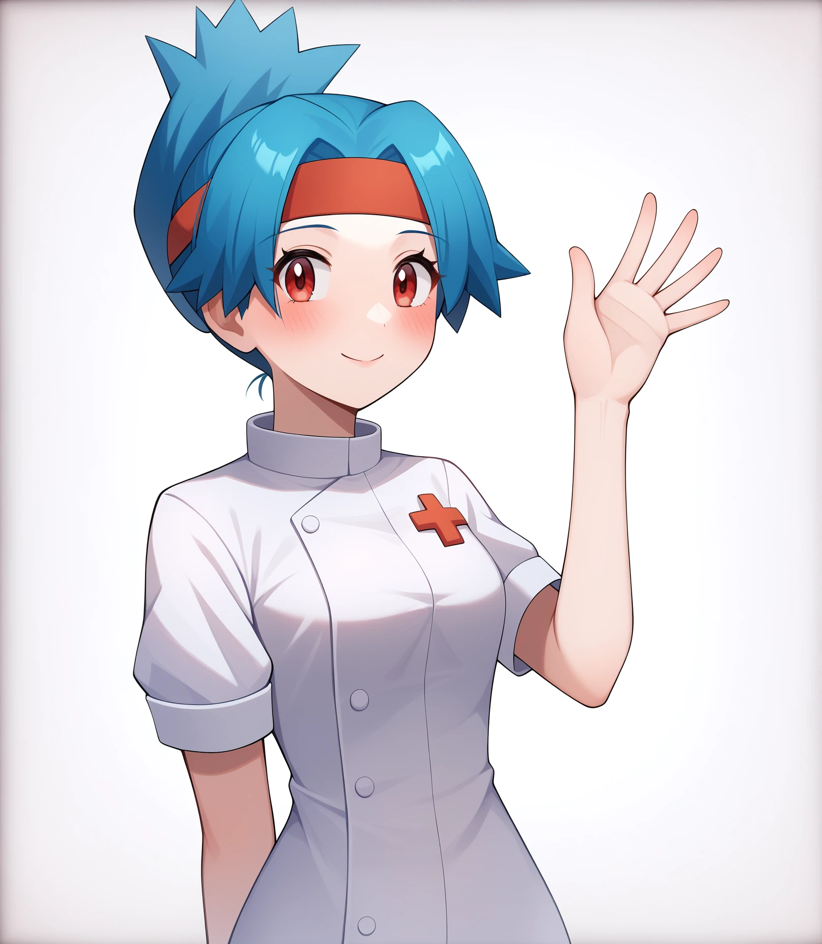 score_9, score_8_up, BREAK, source_anime, best quality, masterpiece, 2d, intricate details, official style, anime, 4k, anime style,
solana, 1girl, solo, blush, blue hair, headband, short hair, red eyes, short hair, sidelocks, red headband, short ponytail, ponytail, pokemon, 
nurse cap, nurse, 
waving, waving arms, standing, cowboy shot, looking at viewer, white background, simple background, <lora:add_details_xl:0.4>, <lora:Solana1024_Pony:1>