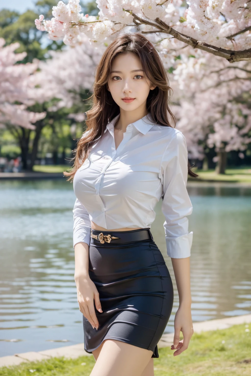 Realistic,best quality,masterpiece,8K,HDR,RAW,A pretty girl,seductive expression,charming,sex,1girl,((solo)),(standing),huge breasts,(lakeside,in spring,park),(looking at viewer,),<lora:add_detail:0.6>,<lora:GoodHands-beta2:1>,<lora:ENNE åå¡ç­è£+è¡¬è¡«_v07:1>,skirt,shirt,