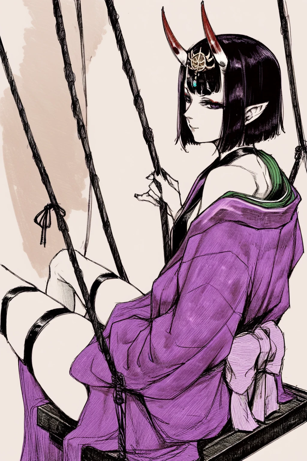 score_9, score_8_up, score_7_up, shuten douji \(fate\), ankle ribbon, bare shoulders, breasts, collarbone, eyeliner, headpiece, horns, japanese clothes, kimono, leg ribbon, long sleeves, makeup, obi, oni, pointy ears, purple eyes, purple hair, purple kimono, revealing clothes, ribbon, sash, short hair, short kimono, skin-covered horns, small breasts, wide sleeves, solo, solo focus, portrait, white background, monochrome, greyscale, dark , Sitting on a swing with legs extended, looking back. BREAK p65fn <lora:ruffct:1.2>