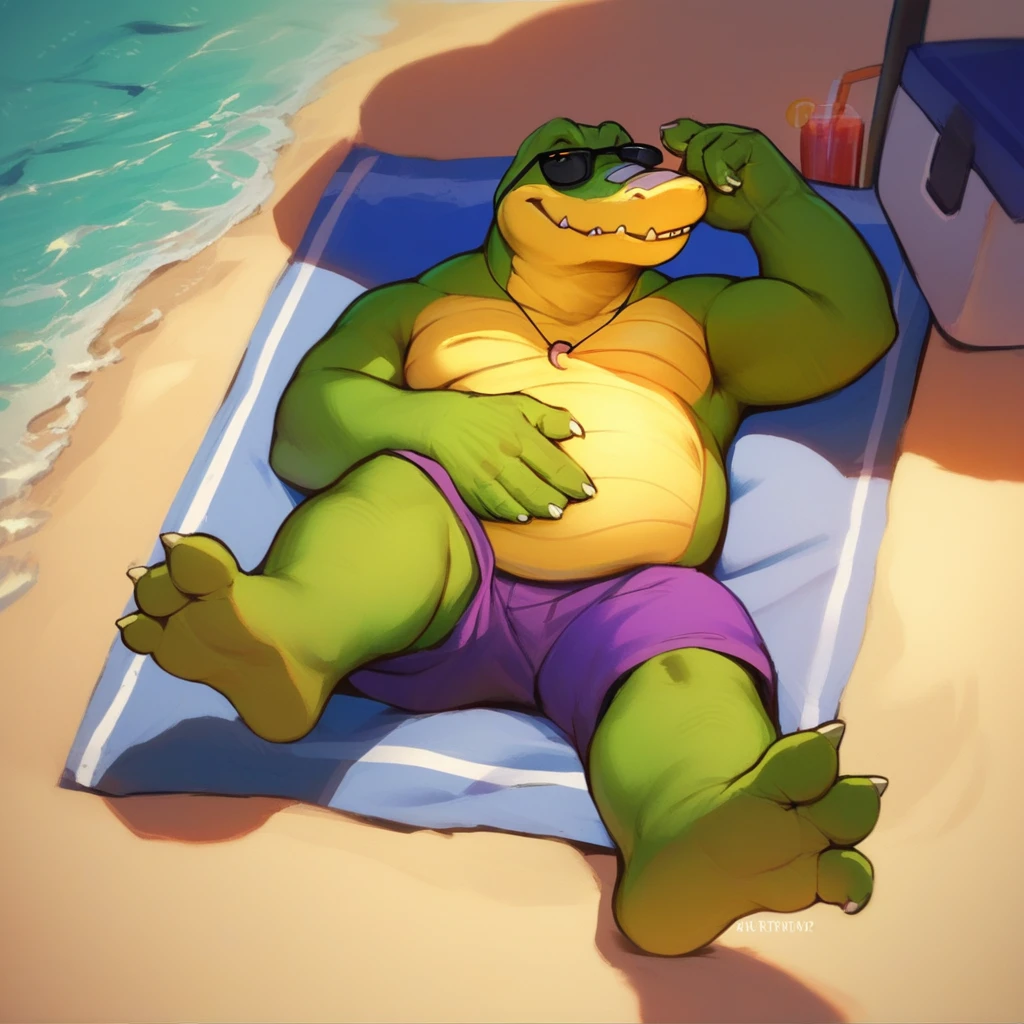 score_9, score_8_up, score_7_up, score_6_up, score_5_up, score_4_up, brok, alligator, green skin, yellow scaly belly, chubby, bandage, shirtless, purple shorts, outside, beach background, beach scenery, water, relaxing, laying down, looking at viewer, sunglasses, barefoot,