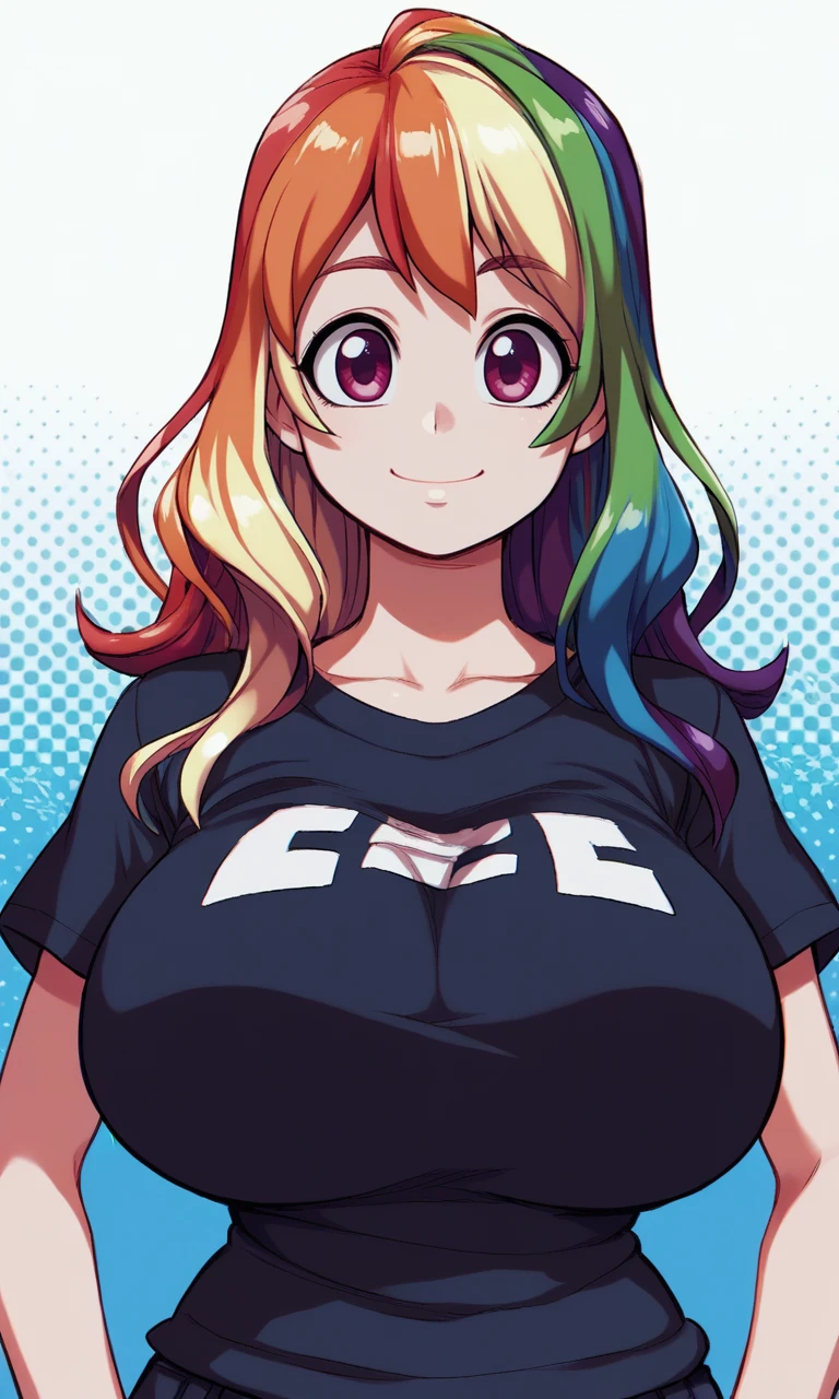 <lora:Balak_Style:1> score_9, score_8_up, score_7_up BREAK, cute girl, big eyes, cute smile, portrait, looking at viewer, (3/4 angle), (long hair), casual black t-shirt, balak style, celshaded, halftone, rainbow hair, halftone shading, huge breasts, colorful, anime, anime style, source_anime, upper body