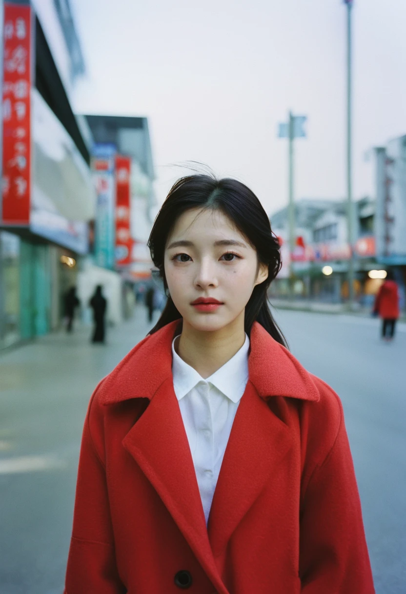 photorealistic, Describe the daily life of a modern young Korean woman in as many creative and detailed ways as possible, over a variety of time periods and locations. The description should include elements such as clothing, hairstyle, emotions, facial expressions, posture, actions, background, time, screen angle, and photography techniques., film photography aesthetic, film grain, analog photography, 