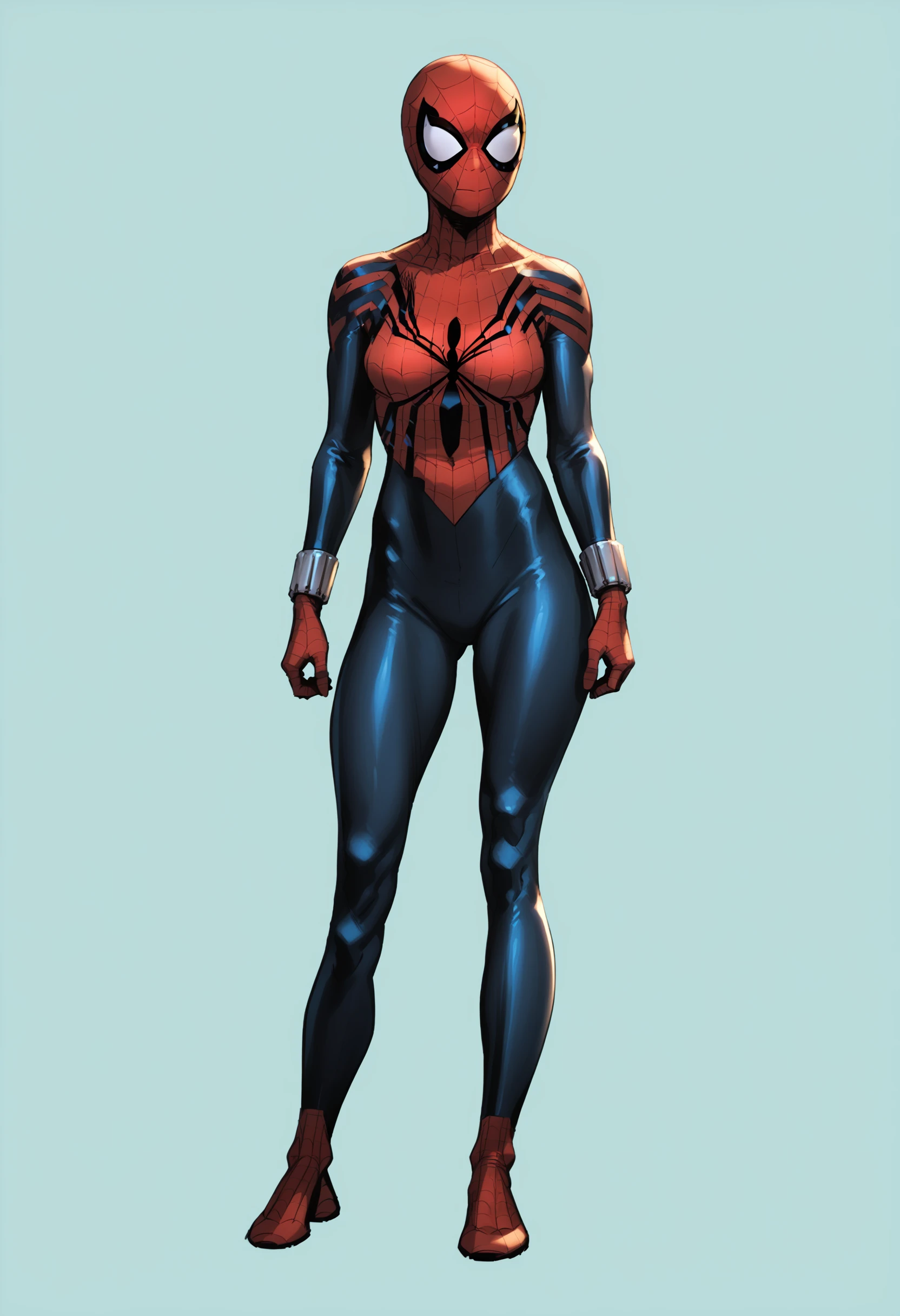 score_9, score_8_up, score_7_up, score_6_up, score_5_up, score_4_up, 1girl, <lora:SpiderGirl:0.85> breasts, medium breasts, superhero, bodysuit, spider web print, mask, full body, standing, 
(light blue background), simple background,