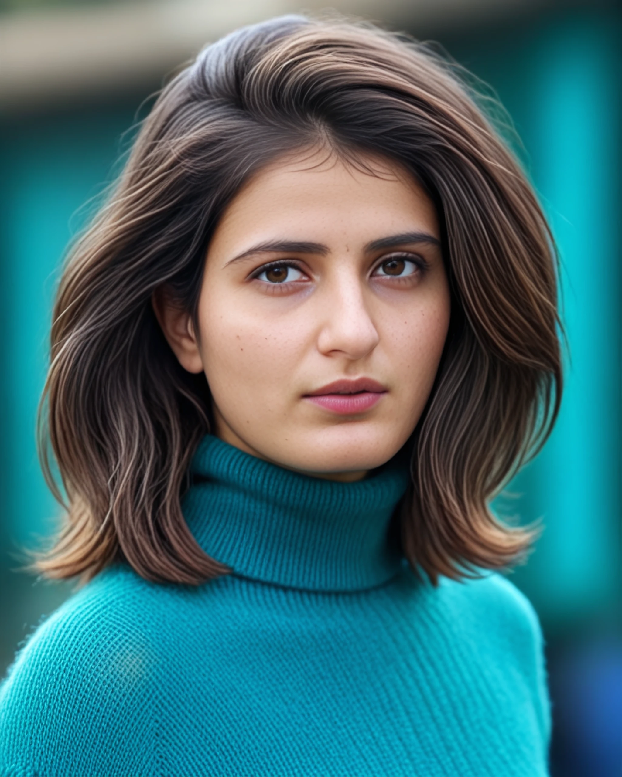 upper body photo of Fatima woman, solo, messy hair cut, , looking at the camera,  Teal turtleneck sweater, , contrasting background bokeh,  skindentation,  <lora:Fatima_SDXL_LoRA_prodigy_local_xformers_HNE:1>