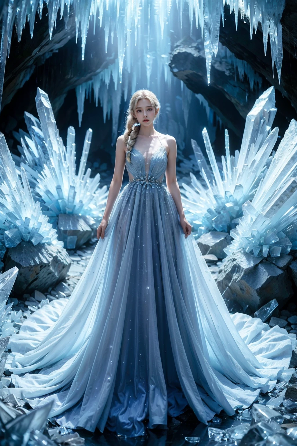 1girl,solo,breasts,braid,crystal,long dress,bare shoulders,jewelry,standing,full body,sunlight,elsa \(frozen\),large block of ice,ice queen, <lora:JAY - ICE QUEEN:0.8>