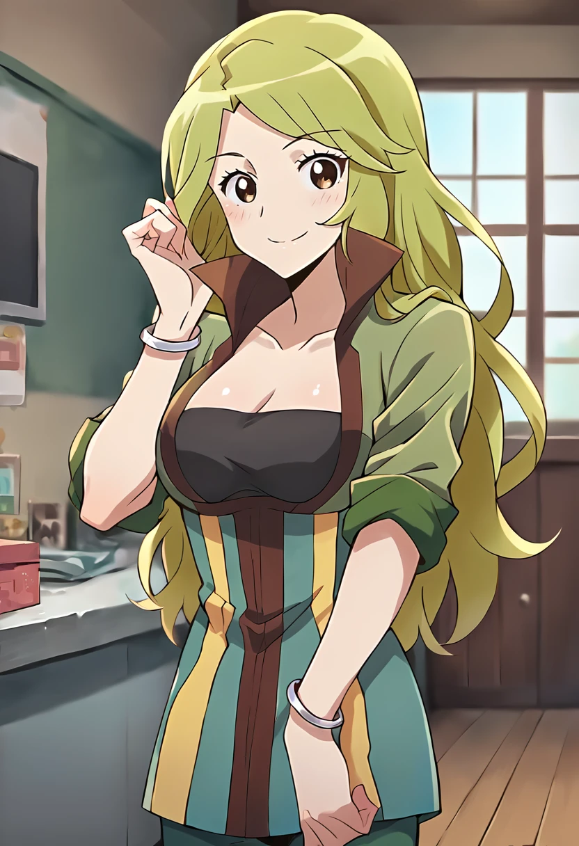 score_9, score_8_up, score_7_up, masterpiece, source_anime, 1girl, ct_mar1e, green hair, green jacket, sleeves rolled up, blue pants, bracelet, shiny skin, looking at viewer, indoors, cowboy shot, hand up, smile, blush, medium breasts, cleavage,  <lora:Marielle_LogHorizon_Pony_ct_ver4:1>