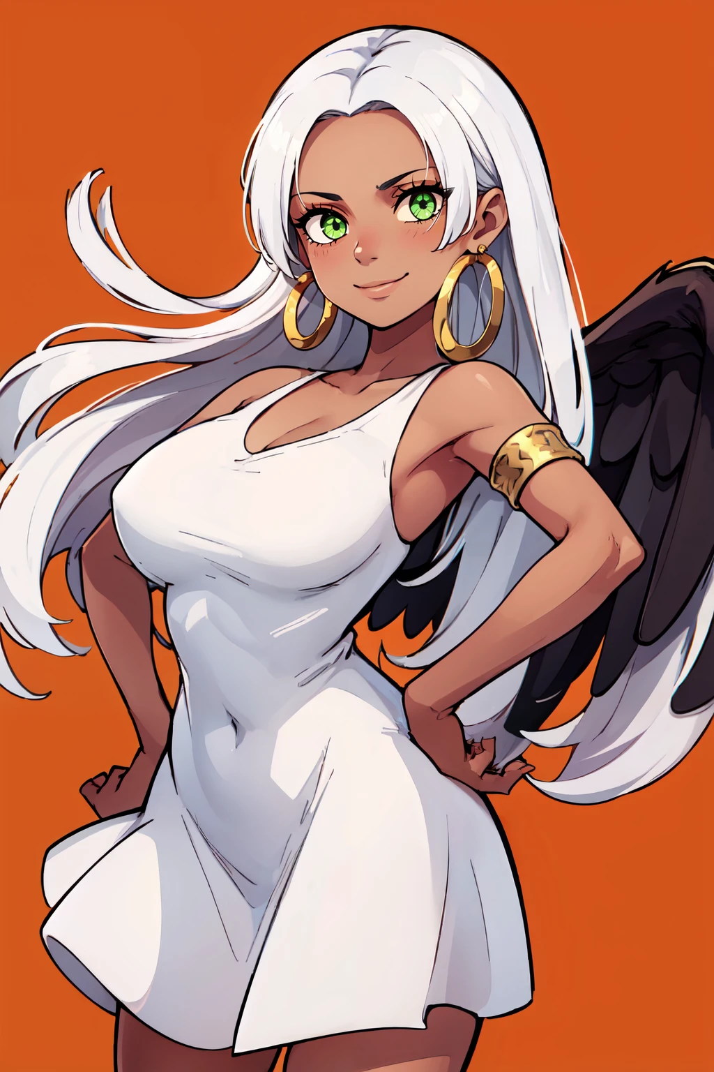 ((masterpiece,best quality)), absurdres, <lora:SSnakeOP:0.8>,   big breasts, curvy,  zzSSnake, dark skin, green armlet, blooking at viewer, simple background, dress, jewelry, cowboy shot, earrings, wings, white dress, hand on hip, sleeveless dress, feathered wings, black wings, hoop earrings, orange background  solo, smile, looking at viewer, cowboy shot,