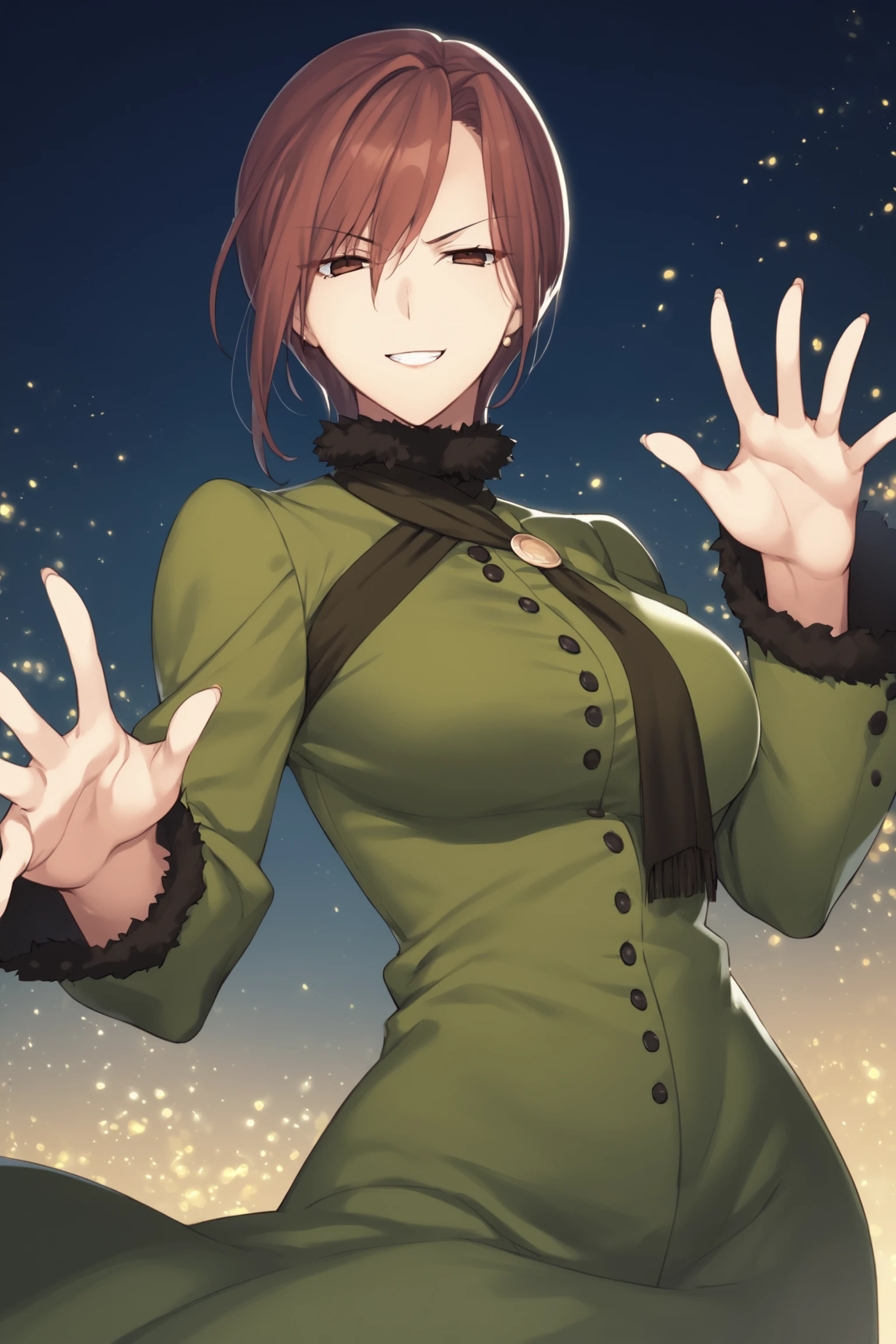 score_9, score_8_up, score_7_up, score_6_up, score_5_up, source_anime, rating_safe, medium breasts, outdoors, dark background, light particles, 1girl, solo, <lora:age_slider_v4:3>, aozaki touko, brown hair, short hair, brown eyes, dress, long sleeves, green dress, scarf, front slit, fishnets, fishnet pantyhose, highheels,  <lora:Touko_Aozaki:0.8>, (upper body:1.1), (glaring:1.5), (smile:1.2), (half closed eyes:1.7), open mouth, outstretched hand, palm, palm