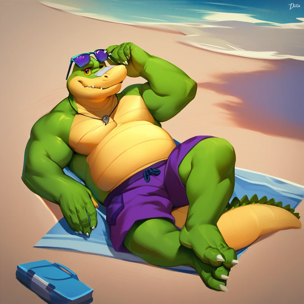 score_9, score_8_up, score_7_up, score_6_up, score_5_up, score_4_up, brok, alligator, green skin, yellow scaly belly, chubby, bandage, shirtless, purple shorts, outside, beach background, beach scenery, water, relaxing, laying down, looking at viewer, sunglasses, barefoot,