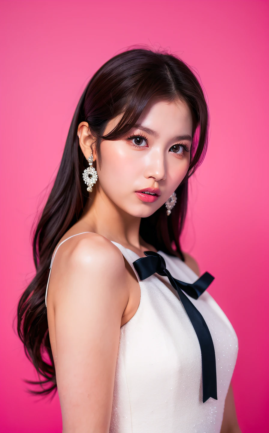 <lora:Sana_V1:1> $@n@,, , (realistic), (hyperrealism), (photorealistic:1.4), 1girl, black hair, dress, hair ornament, lips, looking at viewer, makeup, pink background, realistic, ribbon, sleeveless, solo, standing, white dress