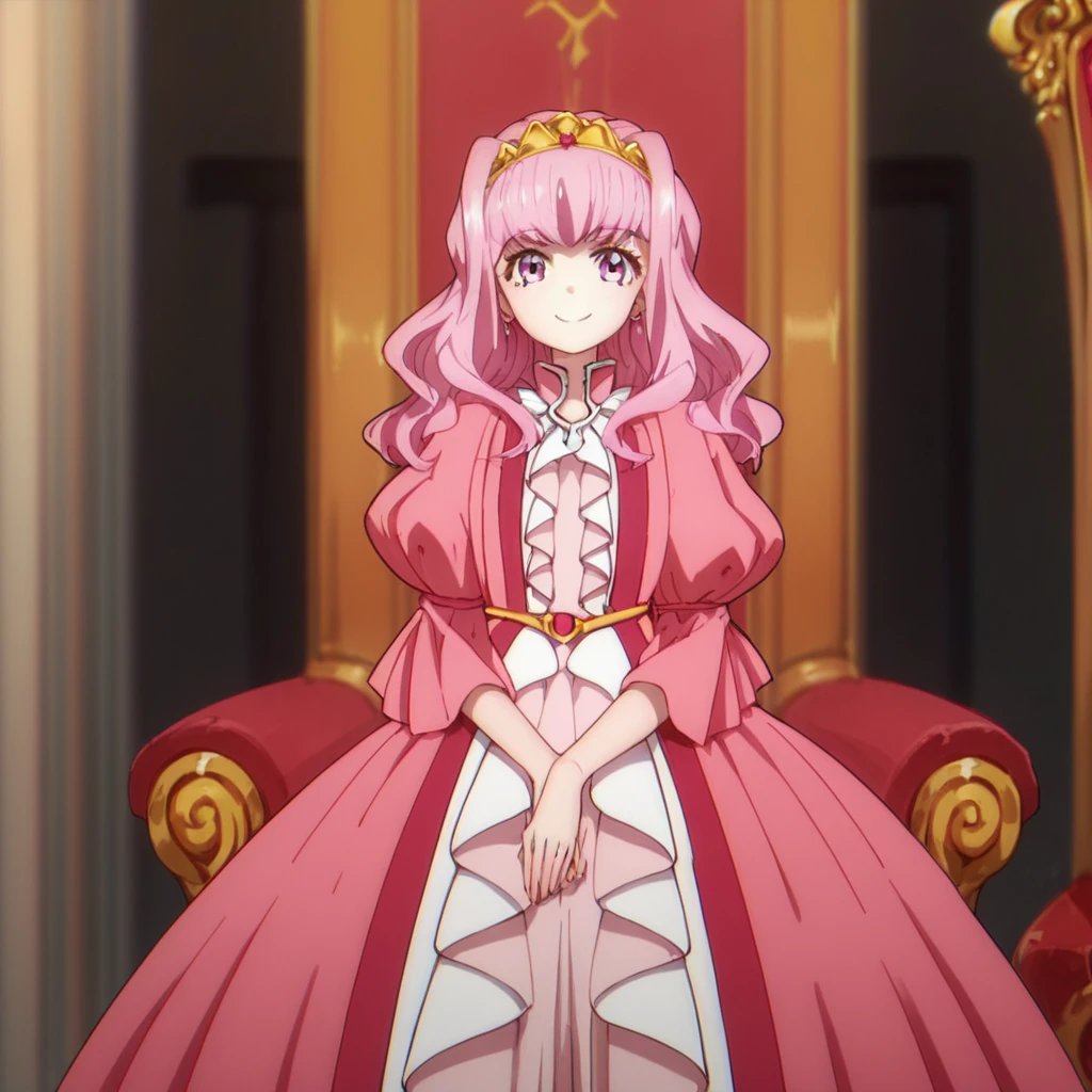 score_9, score_8_up, score_7_up, score_6_up, score_5_up, score_4_up, source_anime, , Charlotte, pink dress, pink eyes, throne, sitting, smile