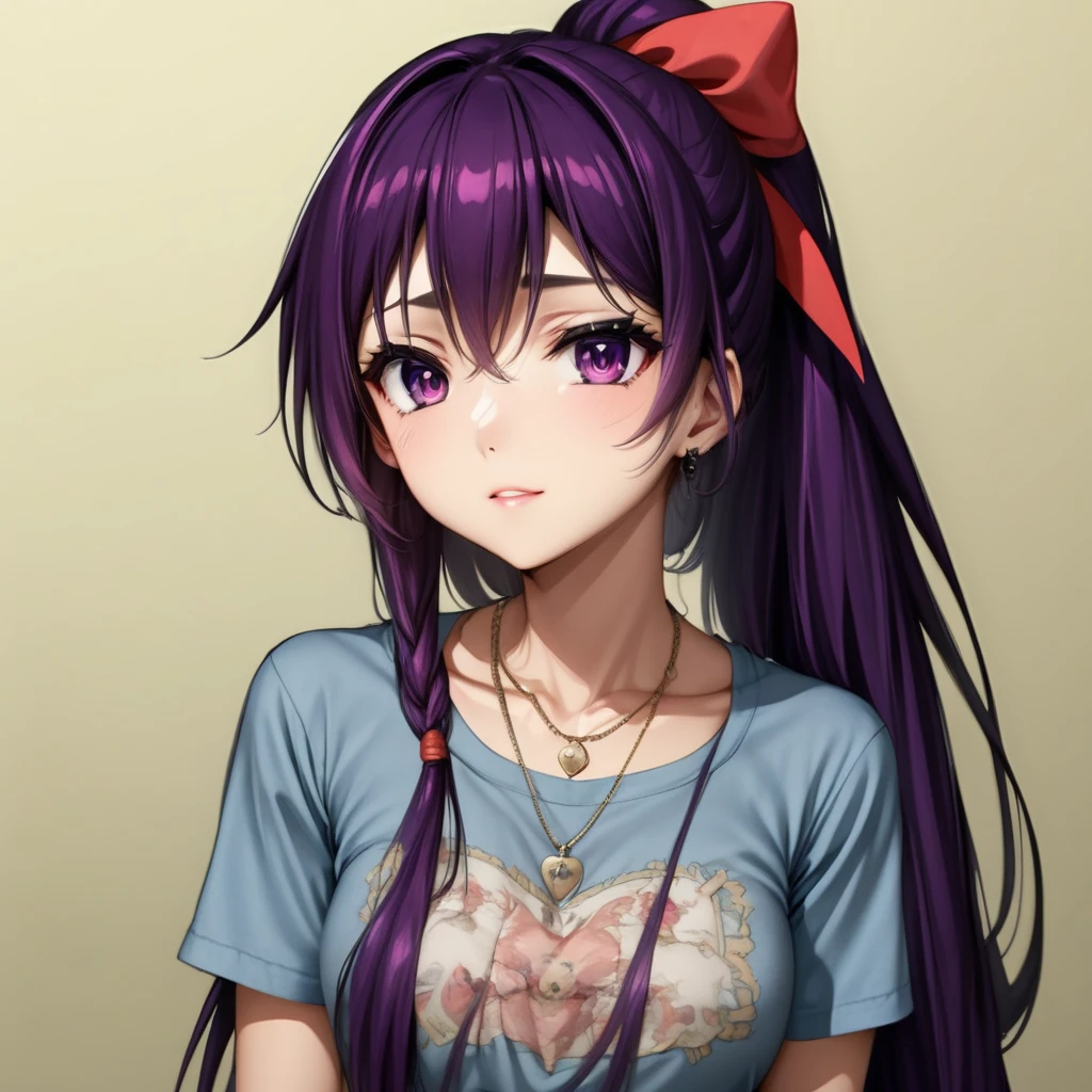 Prompt External Generator txt2img + Hi-Res  TohkaYatogami, 4k, absurd, high resolution, very high resolution, high definition, masterpiece, 1 girl, alone, long hair, looking at viewer, simple background, shirt, black hair, bow, ribbon, hair between eyes, jewelry, hair very long, purple eyes, collarbone, hair band, ponytail, purple hair, short sleeves, hair bow, cowboy shot, shorts, necklace, shorts, denim, casual, pendant, blue shorts, denim shorts, pink shirt, hands behind your back, smile