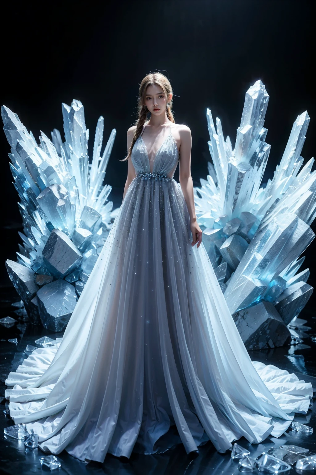 1girl,solo,breasts,braid,crystal,long dress,bare shoulders,jewelry,standing,full body,large block of ice,ice queen, <lora:JAY - ICE QUEEN:0.8>