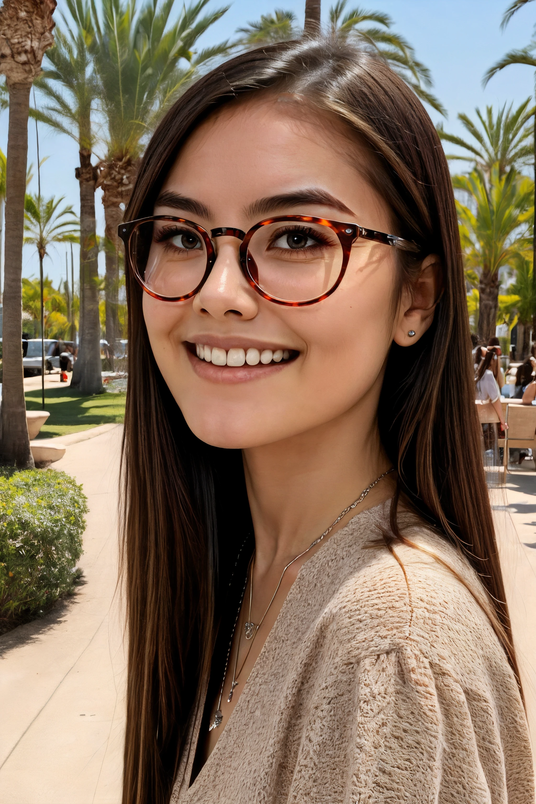 potasticp, long hair, solo, 1girl, looking at viewer, realistic, glasses, teeth, shirt, outdoors, mole, jewelry, brown eyes, necklace