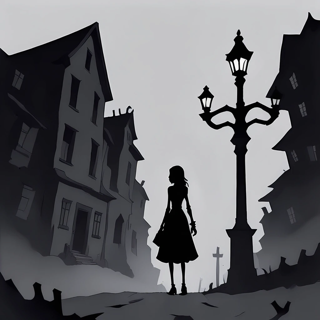 s_darkcore style, girl walking, old town, a skeleton, midnight, backstreet, street lamp, gothic, creepy buildings