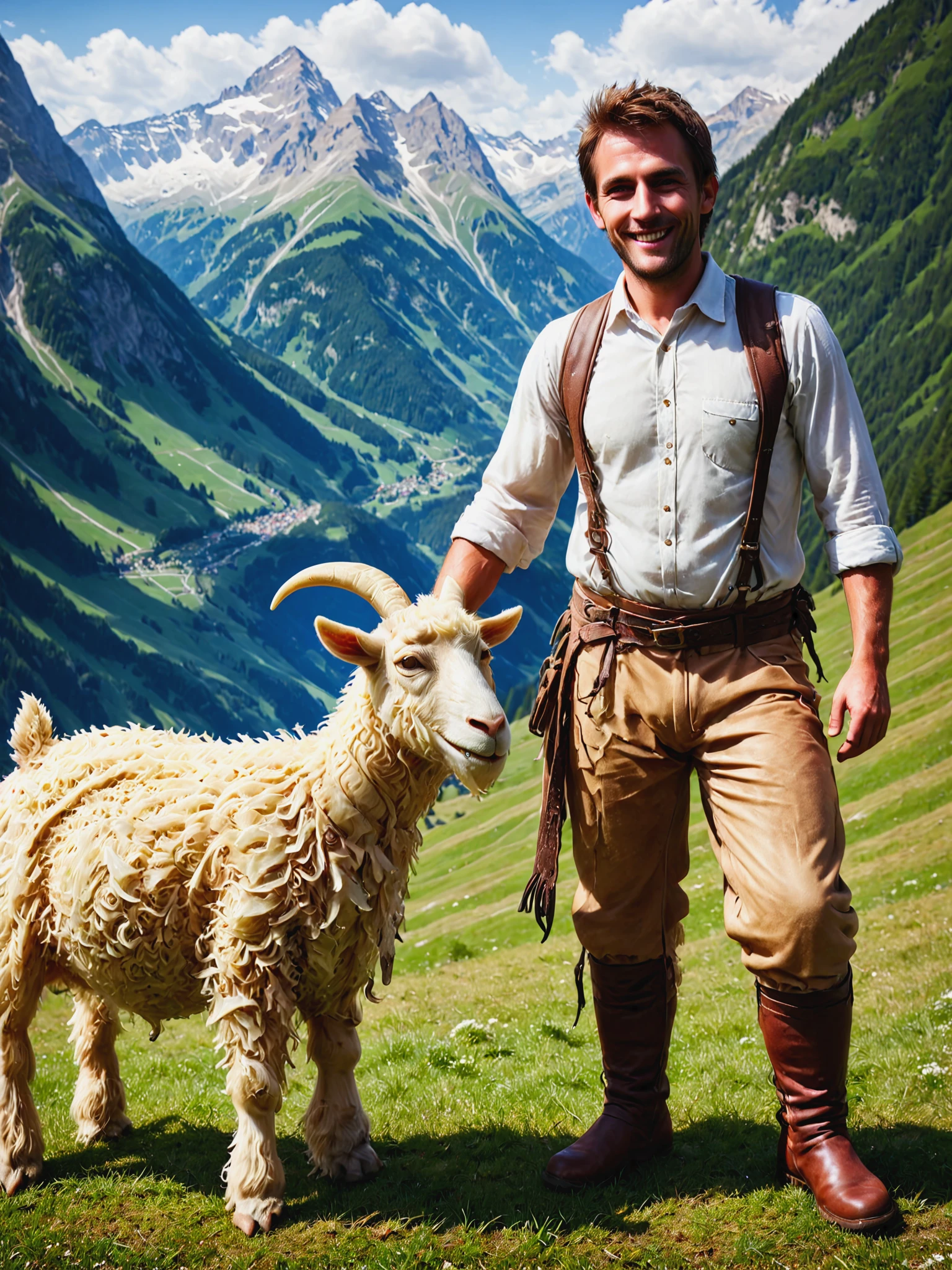 Bavarian man in the alps standing next to a goat made of mad-srkrt, smile, cinematic shot   <lora:Sauerkraut_SDXL:1.2>, (masterpiece:1.2), best quality