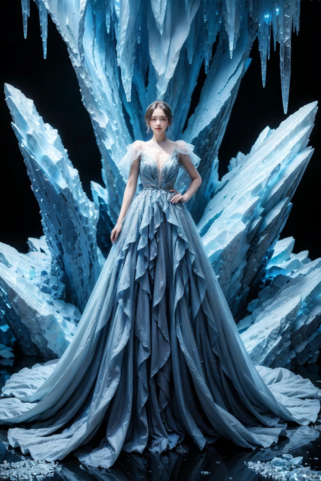 A woman in an elaborate blue gown poses before a backdrop of icy formations. The gown, adorned with sparkling embellishments, mirrors the cold, crystalline theme set by the ice behind her. The image captures a moment of poised elegance against a backdrop that suggests a frozen, ethereal landscape, ice queen, <lora:JAY - ICE QUEEN:0.8>