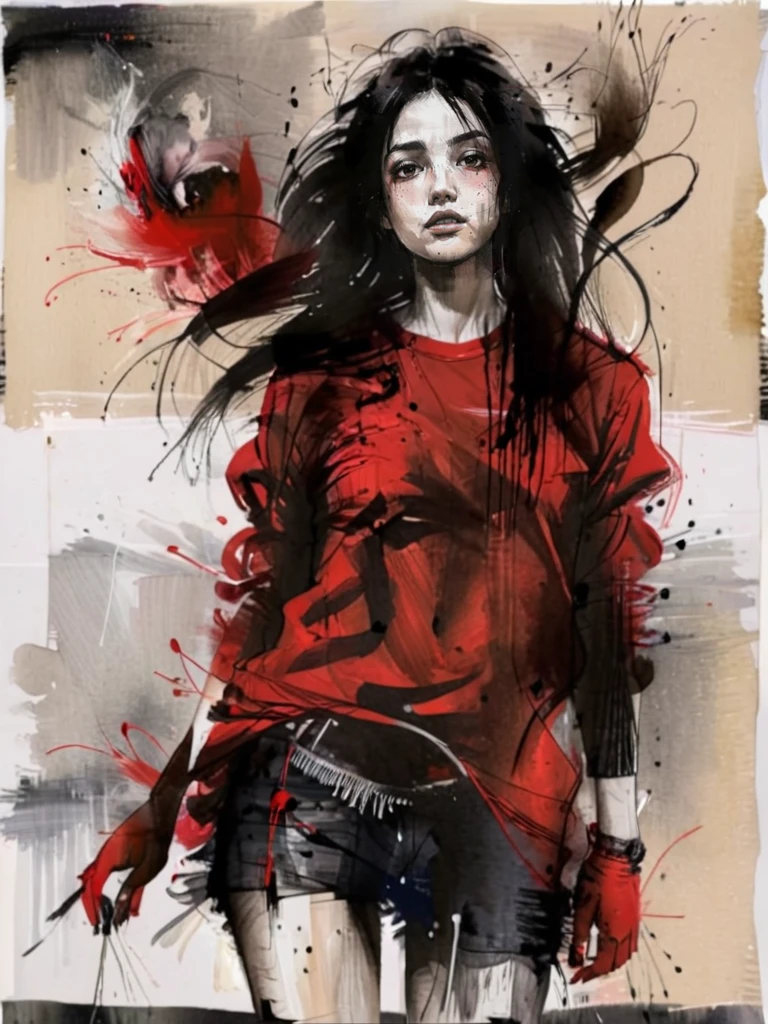 ink painting a full body shot of a european girl with long black hair wearing a red shirt looking at the viewer style by RM <lora:russ-mills-style:1>