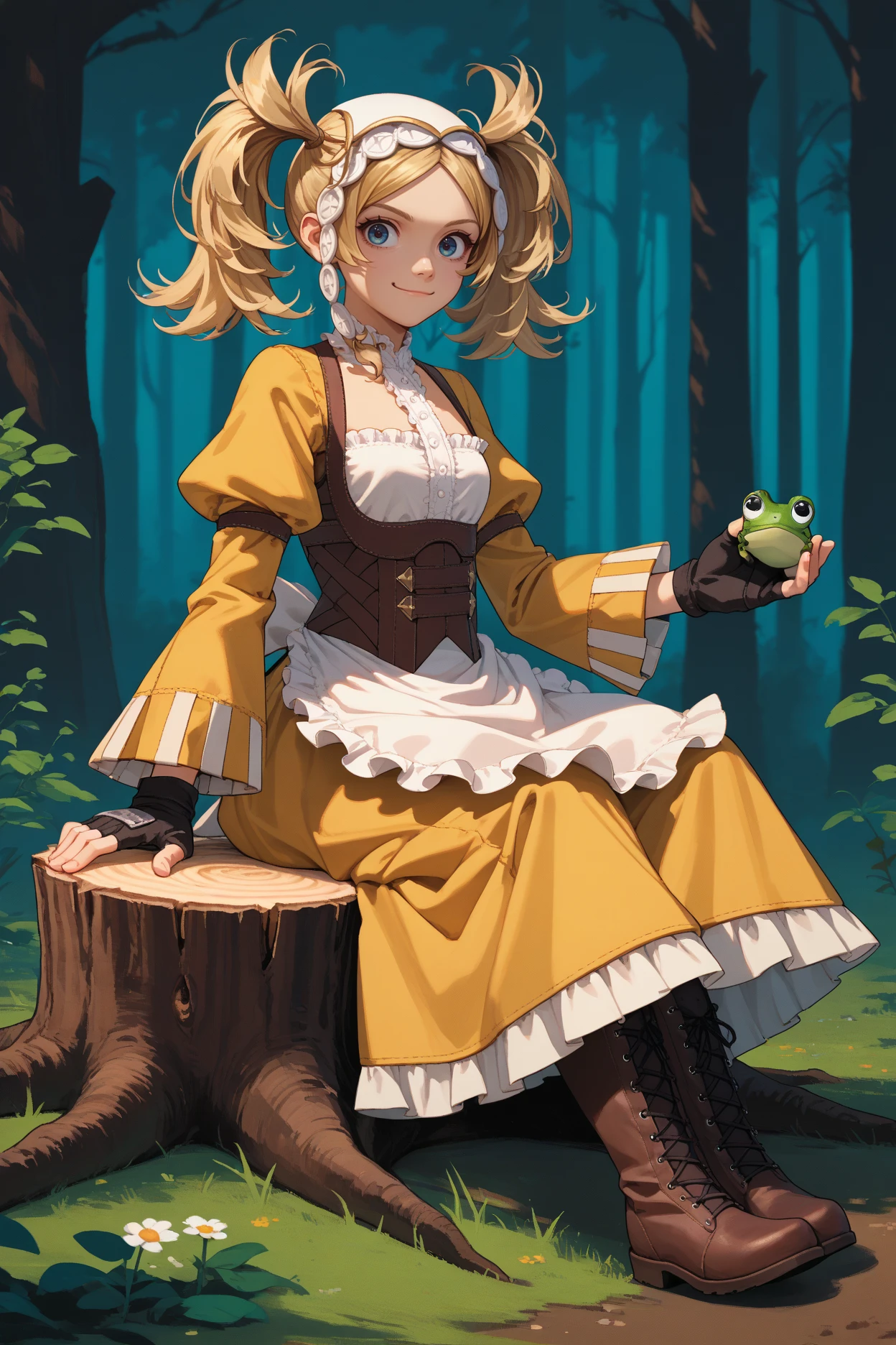 score_9, score_8_up, score_7_up, score_6_up, source_anime, 1girl, solo, <lora:felissa-pdxl-nvwls-v1-000005:1> defLissa, blonde hair, twintails, headdress, yellow dress, center frills, corset, white apron, puffy sleeves, fingerless gloves, boots, holding frog, looking at you, smirk, shifty-eyed, forest, sitting, tree stump