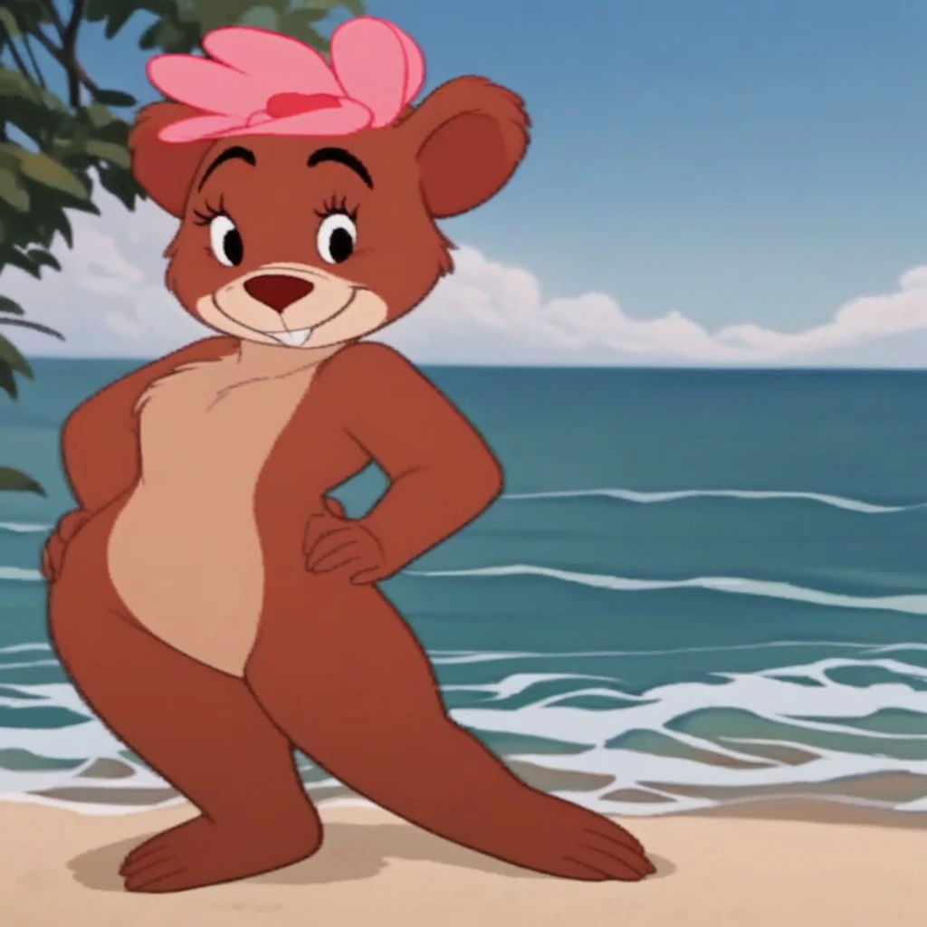 ursa_barbic, gummi_bears, red short top, off shoulder, black bikini, goggles, feets whit three toes, beach, clear sky, solo,