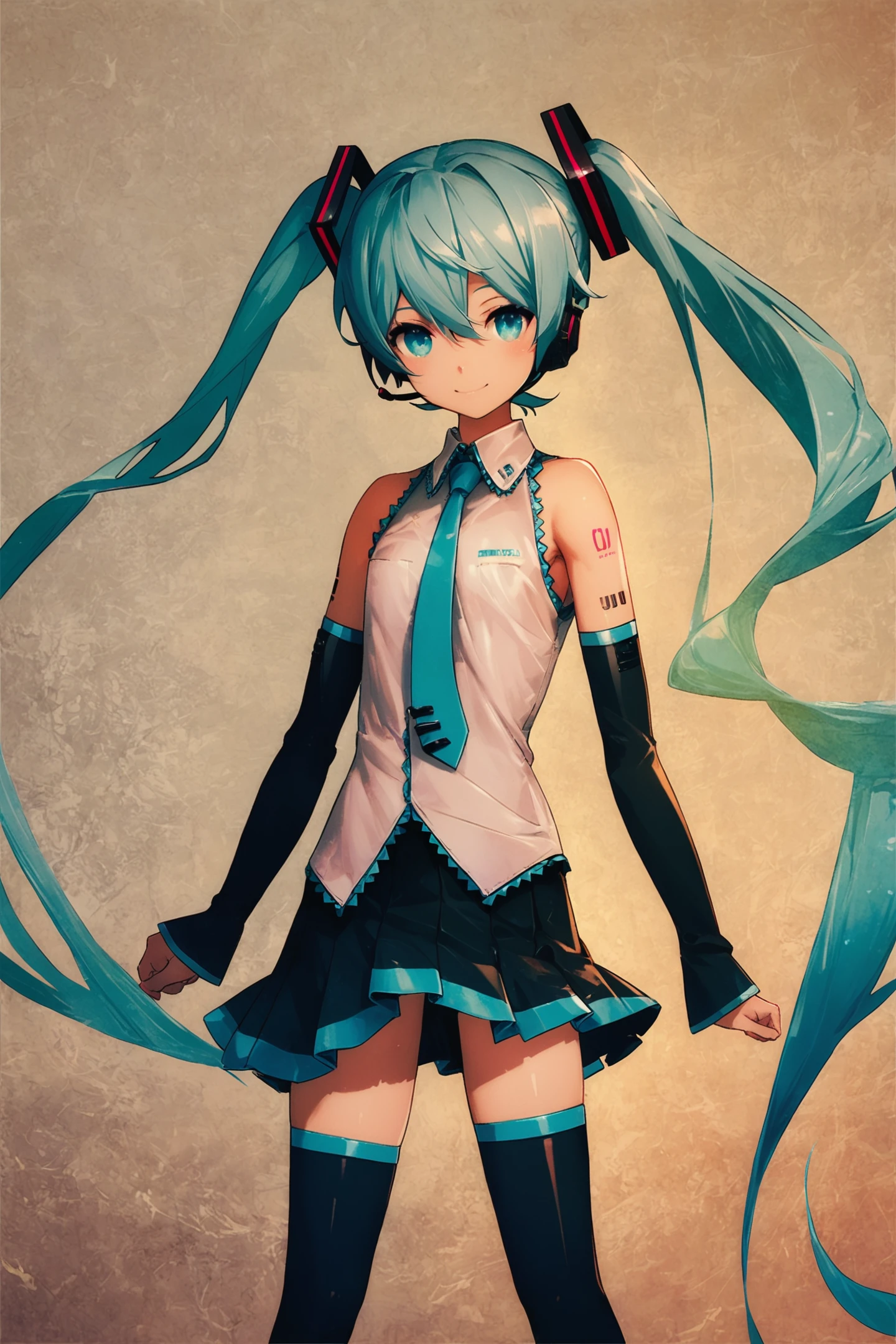 score_9,score_8_up,score_7_up,
1girl,long hair,solo,hatsune miku,thighhighs,twintails,skirt,detached sleeves,very long hair,necktie,smile,aqua eyes,aqua hair,tattoo,shirt,black thighhighs,sleeveless,zettai ryouiki,black skirt,looking at viewer,headset,sleeveless shirt,hair ornament,pleated skirt,bare shoulders,aqua necktie,headphones,shoulder tattoo,white shirt,standing,black sleeves,miniskirt,
<lora:huke_XL_PONY:0.9>,