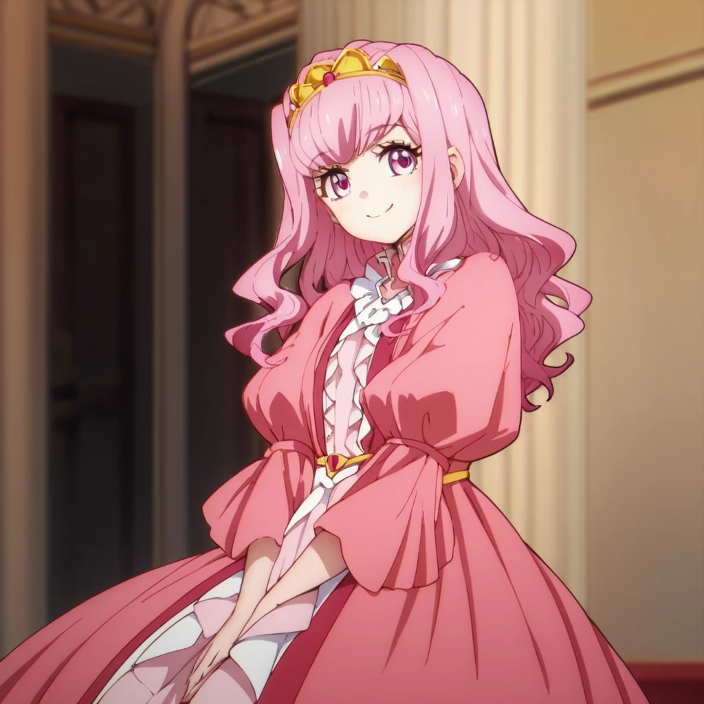 score_9, score_8_up, score_7_up, score_6_up, score_5_up, score_4_up, source_anime, , Charlotte, pink dress, pink eyes, sitting, smile