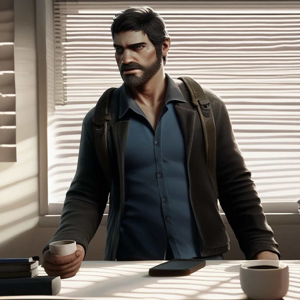 score_9, score_8_up, score_7_up, score_6_up,   Joel-Miller, TLOU, 1boy, solo, short hair, shirt, black hair, holding, jacket, male focus, open clothes, collared shirt, indoors, open jacket, black jacket, cup, black shirt, window, facial hair, phone, blue shirt, beard, desk, realistic, window blinds, office, general