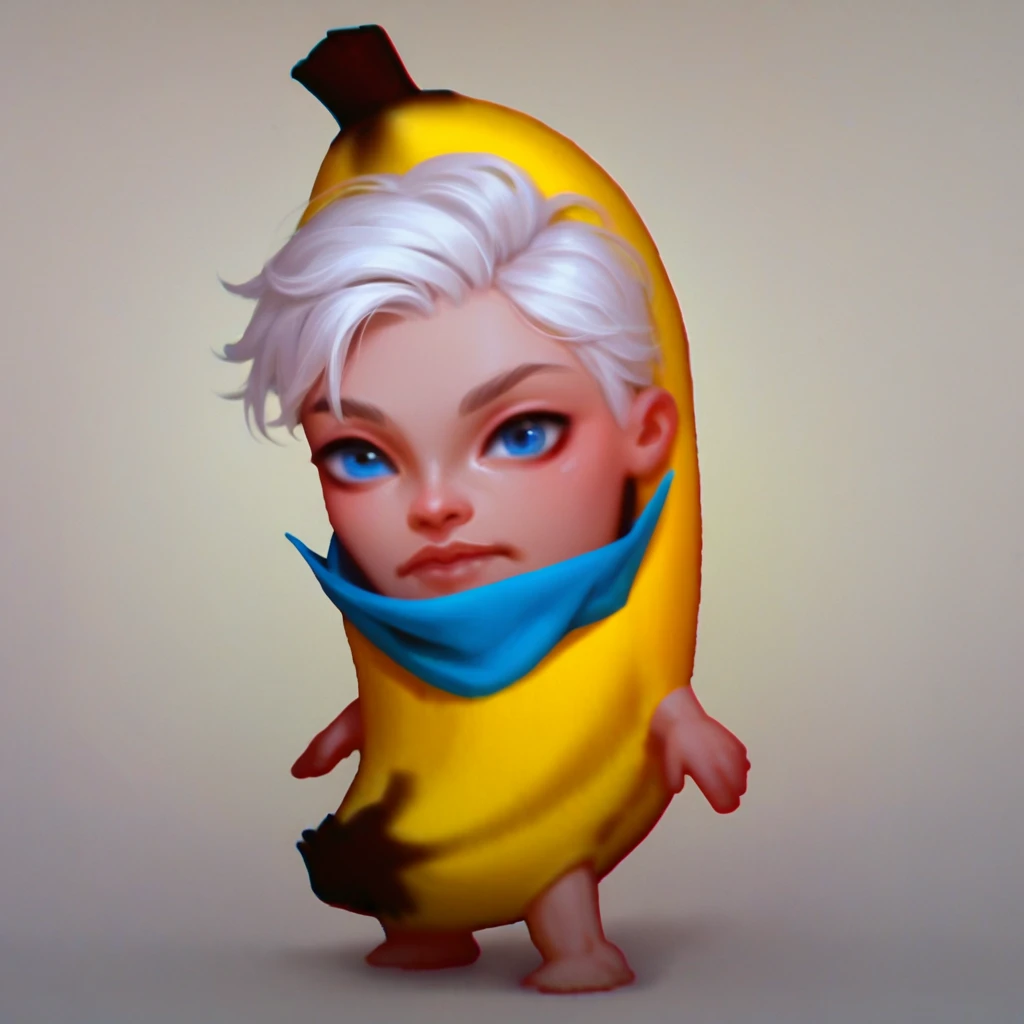 score_9_up, score_8_up, score_7_up, banana costume, banana, avatariya, 1boy, white hair, blue eyes, solo,