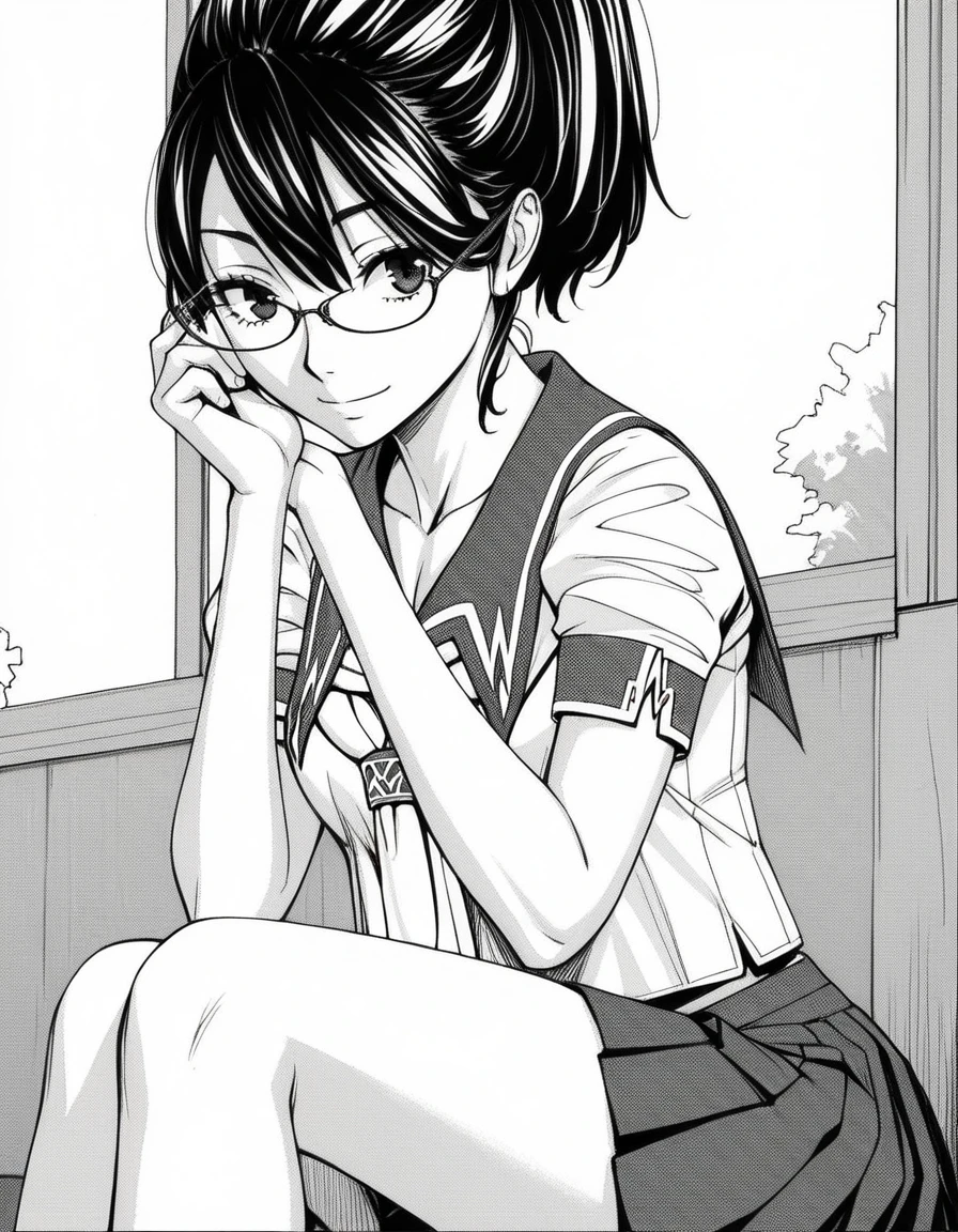 score_9, score_8_up, score_7_up, source_anime, <lora:mika-hayashi-manga-ponyxl-lora-nochekaiser:1>, mika hayashi, glasses, black hair, short hair, ponytail, monochrome, greyscale,, skirt, school uniform, pleated skirt, serafuku, neckerchief,, indoors, smile, looking at viewer, solo, sitting, head rest,, cowboy shot, dutch angle