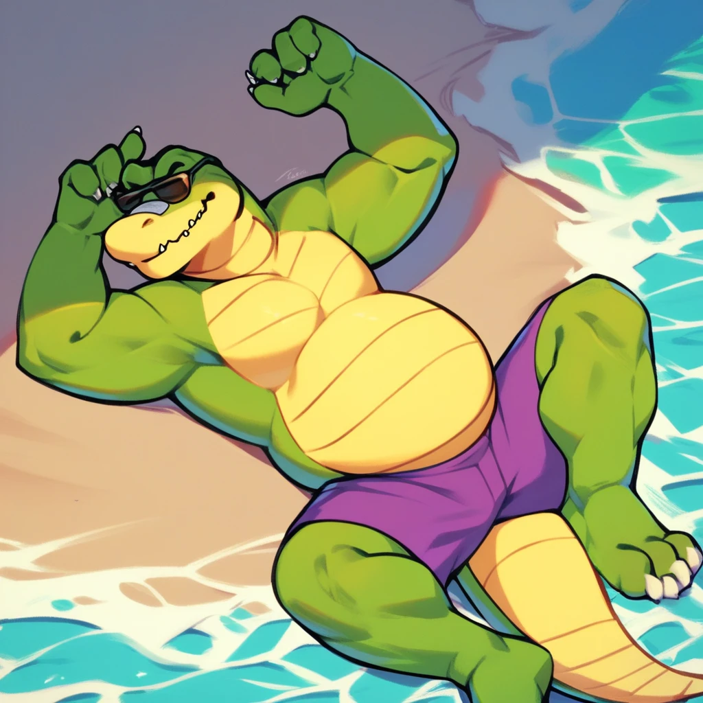 score_9, score_8_up, score_7_up, score_6_up, score_5_up, score_4_up, brok, alligator, green skin, yellow scaly belly, chubby, bandage, shirtless, purple shorts, outside, beach background, beach scenery, water, relaxing, laying down, looking at viewer, sunglasses, barefoot,