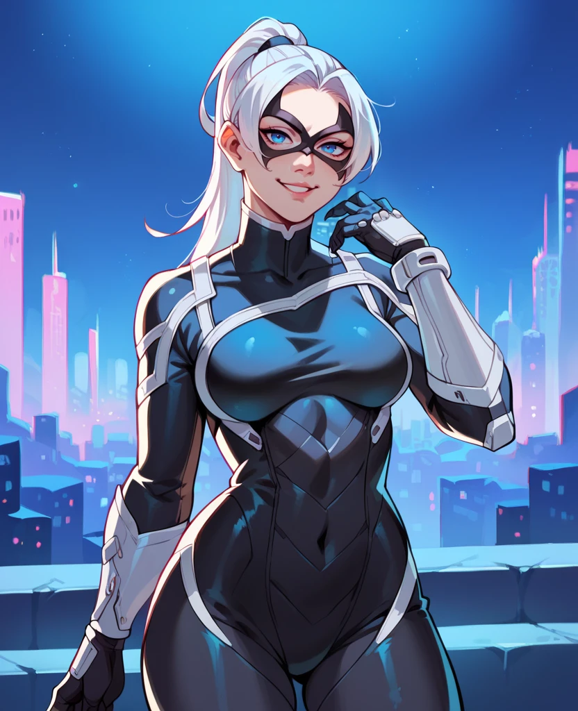 score_9,score_8_up,score_7_up,score_6_up,blckctXL,white hair,ponytail,blue eyes,black  bodysuit,domino mask,light smile,looking at viewer,standing,night,cityscape,<lora:BlackcatXL_r1:0.8>,