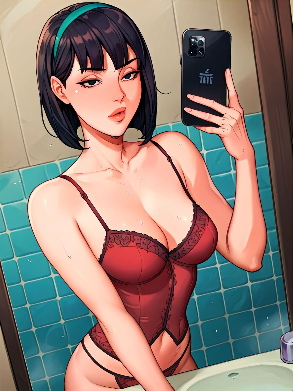 PonyXLV6_Scores, <lora:odanon_style_v2:1.0> bathroom, tile wall,  mirror selfie, dutch angle, holding phone, 1girl, solo, <lora:thriftBTAS_PDXL:0.6> thriftBTAS, black hair, short hair bob, bangs, black eyes, teal hairband, narrowed eyes, looking at viewer, (puckered lips:1.3), lace corset, underwire bra, red underwear, <lora:Real_Mirror_Selfie_XL:0.6>