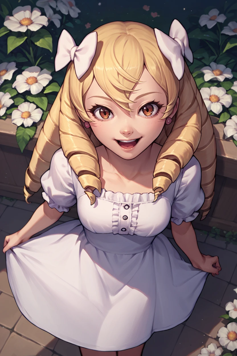 score_9, score_8_up, score_7_up, score_6_up, source_anime, 1girl, solo,  <lora:femaribelle-pdxl-nvwls-v1-000005:1> maribelle, blonde hair, long hair, drill hair, hair bow, earrings, white sundress, frills, looking at you, flowers, from above, happy